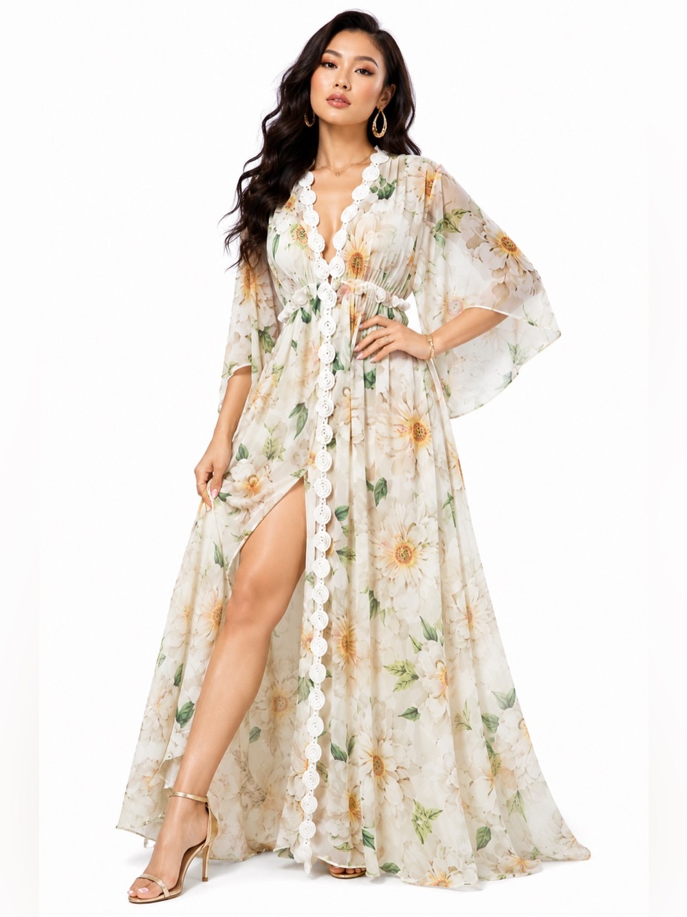 FARM Rio White Floral Sheer Maxi Dress – Large